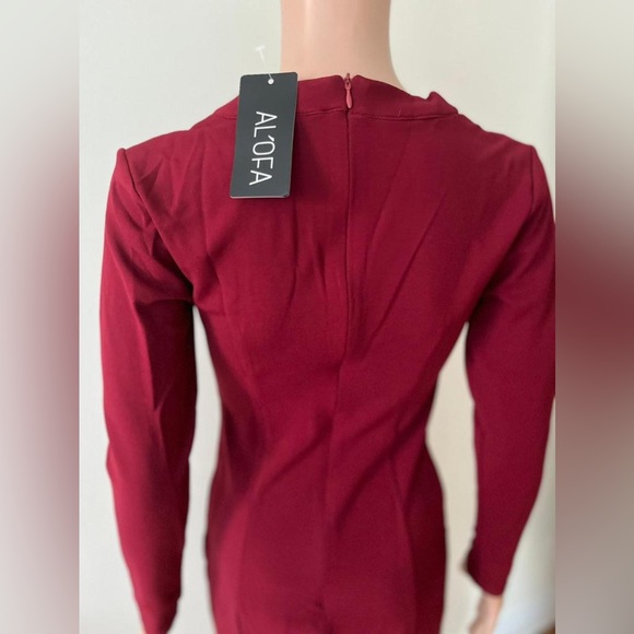 New Solid Red Elegant Long Sleeve V Neck Office Cocktail Party Dress, Small - Picture 9 of 10